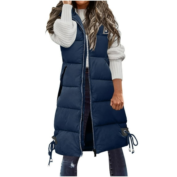 Xdegoge Long Puffer Vest Lightweight Winter Coat Zip up Quilted Jackets Hooded Sleeveless Plus Size Warm Vests with Pockets Outerwear