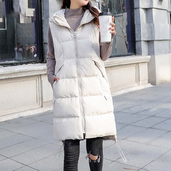 Xdegoge Long Puffer Vest Women 2025 Hooded Winter Warm Quilted Jackets Sleeveless Zip Up Padded Down Coats Thermal Fashion Warm Vests with Pockets Outerwear Chaquetas De Invierno Para Mujer