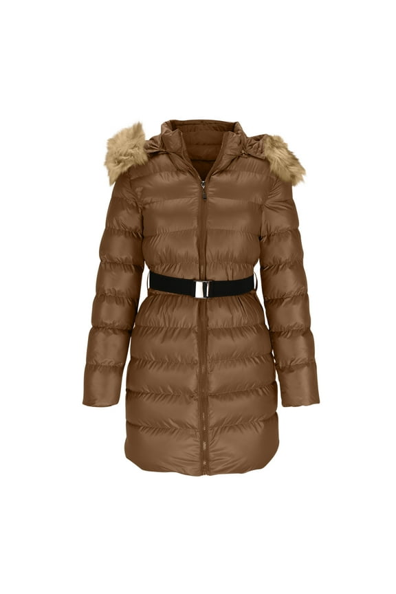 Long Quilted Coats for Women Full Zip Detachable Faux Fur Hooded Puffer Coat with Belt Fashion Thicken Solid Color Casual Padded Jacket Winter Warm Down Jacket 2025