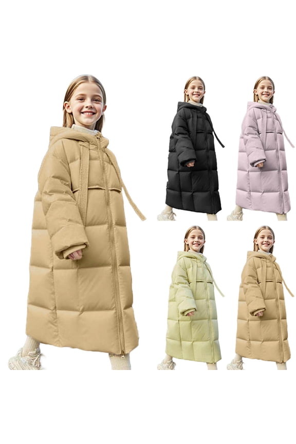 Long Quilted Jacket for Girls Boys Padded Puffer Down Jackets Full Zip Drawstring Hooded Coat Fall Winter Warm Over Knee Outerwear with Pockets Size 5-13