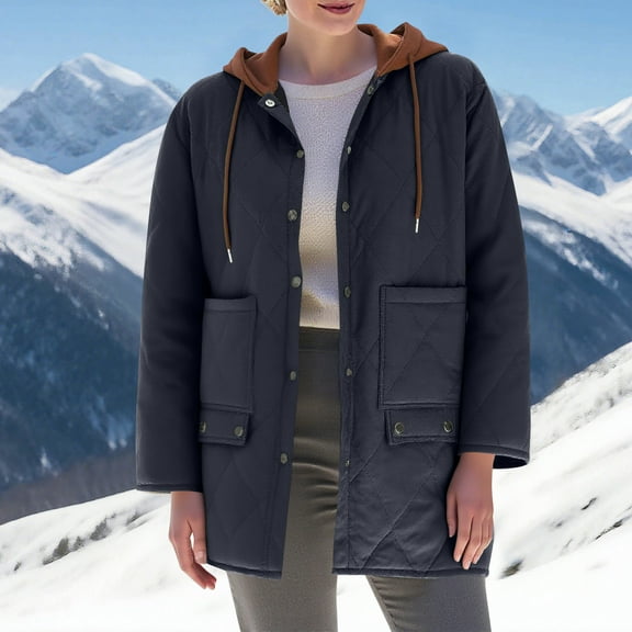 Xdegoge Long Quilted Jackets for Women Button Down Oversized Winter Coats Long Sleeve Drawstring Hooded Jacket Padded Thermal Casual Coat with Pockets Outerwear, M-4XL
