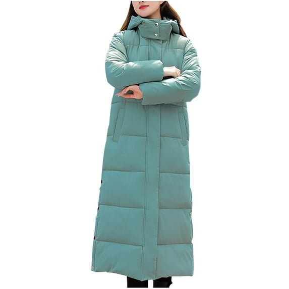 Xdegoge Long Quilted Jackets for Women Zip Up Windproof Stand Collar Side Spilt Hooded Padded Coats Casual Solid Color Overknee Down Coat with Pockets Winter Oversized Warm Overcoats 2025