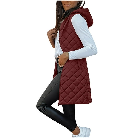 Xdegoge Long Quilted Vest for Women Sleeveless Warm Puffer Vests with Hood Zip Up Padded Lightweight Jackets Side Split Button Down Winter Coats Pockets Outerwear Chaqueta De Invierno Para Mujer