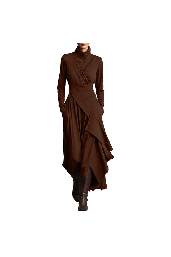 Long Sleeve Asymmetric Midi Dress for Women, Wrap Front High Neck Flowy Dresses with Pockets Office and Evening Wear