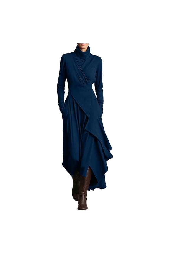 Long Sleeve Asymmetric Midi Dress for Women, Wrap Front High Neck Flowy Dresses with Pockets Office and Evening Wear
