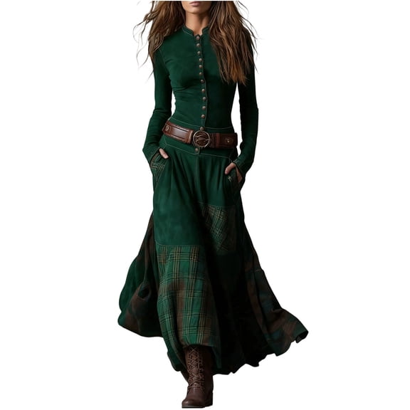 Xdegoge Long Sleeve Button Front Maxi Dress for Women, High Waist Pockets Patchwork Boho Dresses