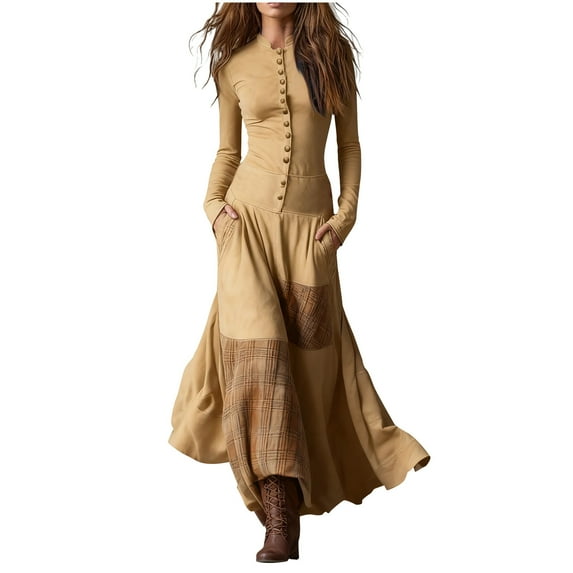 Xdegoge Long Sleeve Button Front Maxi Dress for Women, High Waist Pockets Patchwork Boho Dresses
