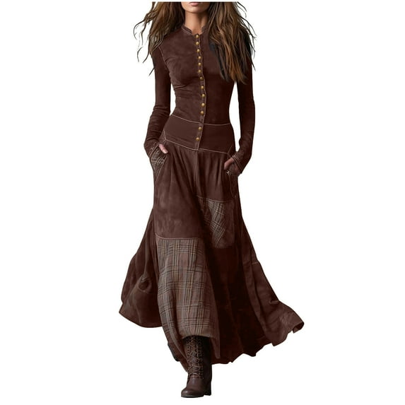 Xdegoge Long Sleeve Button Front Maxi Dress for Women, High Waist Pockets Patchwork Boho Dresses