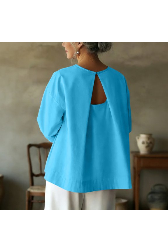 Long Sleeve Cotton Linen Tops for Women Round Neck Back Split Blouses Casual Oversized Tunic Shirts Loose Fit Lightweight Breathable Fashion Pullover Tops
