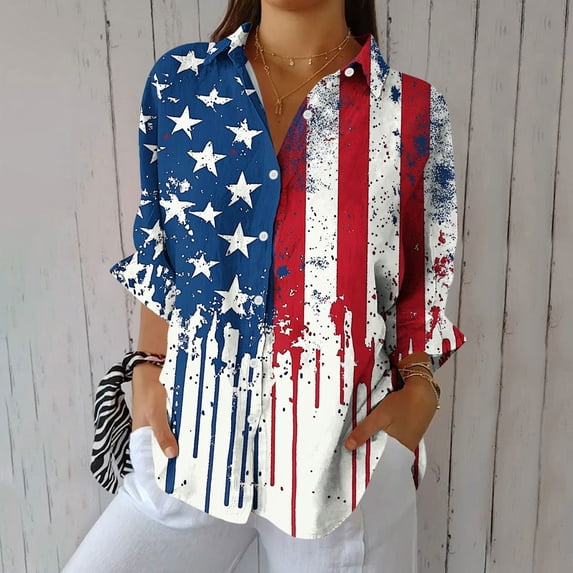 Xdegoge Long Sleeve Shirts for Women 4Th of July Shirts Patriotic Usa T Shirt Loose Fit American Flag Shirt Button Up Trendy Collared Blouses Summer Tunic Tops Last Order Placed Online