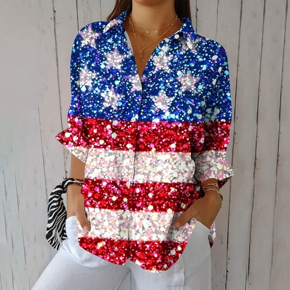 Xdegoge Long Sleeve Shirts for Women 4Th of July Shirts Patriotic Usa T Shirt Loose Fit American Flag Shirt Button Up Trendy Collared Blouses Summer Tunic Tops Ofertas En Saved for Later