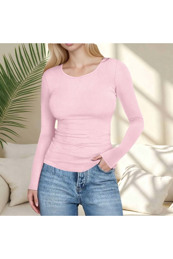 Long Sleeve Shirts for Women Casual Ribbed Knit Crew Neck Basic Tops Tight Slim Fit Soft Cozy Undershirts Sweater Solid Color Fall Winter Fashion Clothes