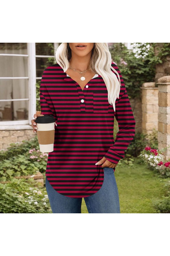 Long Sleeve Shirts for Women Oversized Striped Tunic Tops Fall Fashion Dressy Casual Blouses Stretchy Trendy Loose Fit Y2K Tshirts with Pocket Streetwear
