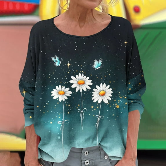 Xdegoge Long Sleeve Shirts for Women Plus Size Crew Neck T Shirt Floral Trendy Summer Tunic Tops Casual Loose Fit Tees Shirt Oversized Blouses Ropa Mujer Save for Later List Track