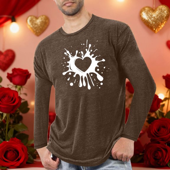 Xdegoge Long Sleeve T Shirt for Men Valentine's Day Heart Graphic Crew Neck Shirts Loose Fit Trendy Loungewear Spring Summer Tops