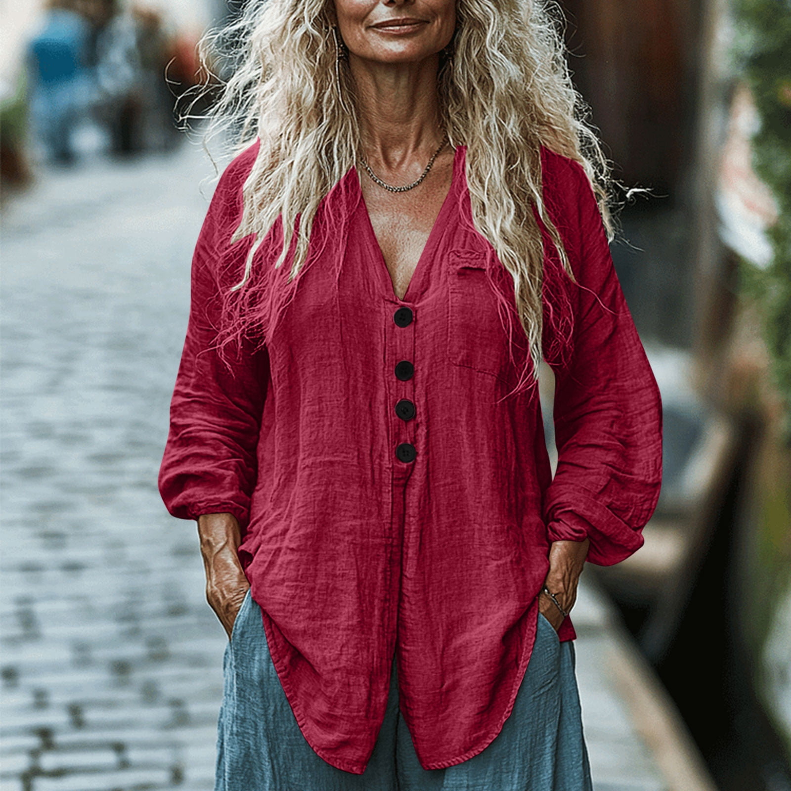 Scyoekwg 3/4 Sleeve Tops For Women V-Neck Pleated Layered Loose Tops Dressy Casual Blouses Vintage Solid Color Loose Fall Clothes Fashion Tops Red Xxl