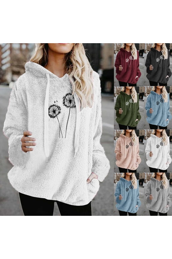 Fleece Pullover Women Graohic Sweatshirts Fuzzy Long Sleeve Warm Sherpa Hoodies Drawstring Hooded Teddy Bear Sweaters Winter Fashion Clohes