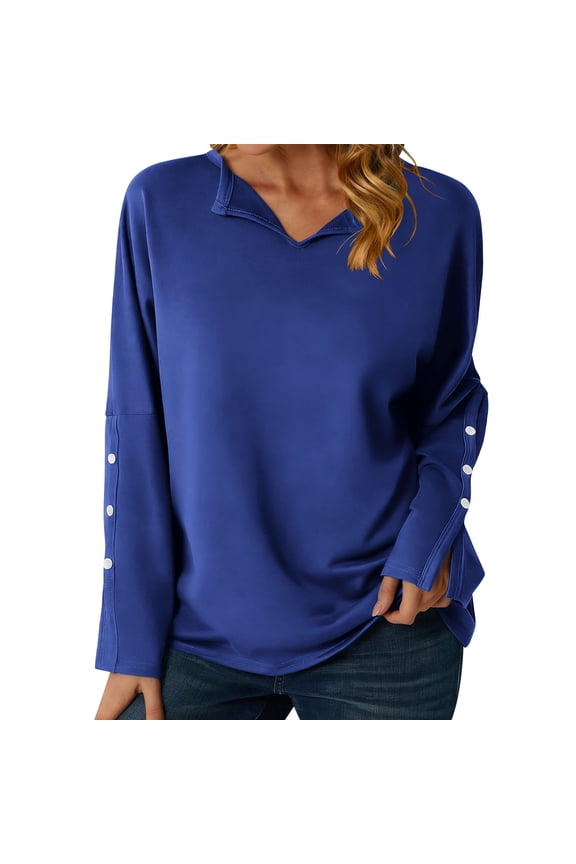 Long Sleeve Tunic Tops for Women Split Neckline Side Buttons, Loose Casual Button Sleeves V Neck Blouses