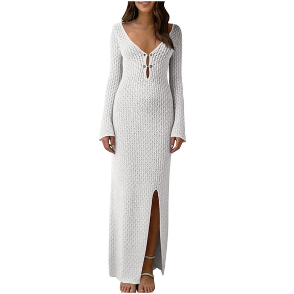 Xdegoge Long Sleeve V Neck Maxi Dress for Women, Button Front Side Split Long Dresses Summer Vacation