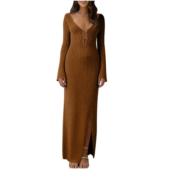 Xdegoge Long Sleeve V Neck Maxi Dress for Women, Button Front Side Split Long Dresses Summer Vacation