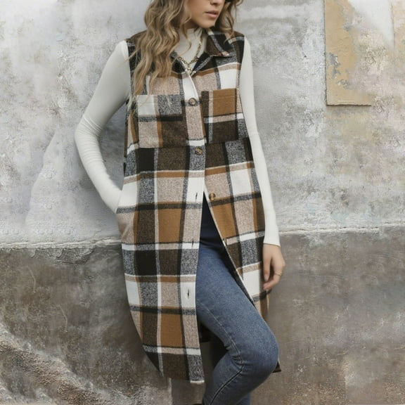 Xdegoge Long Vests for Women 2025 Trendy Plaid Button Down Lapel Jackets with Pocket Sleeveless Side Slit Outdoor Casual Jacket 2025 Winter Loose Fashion Vest