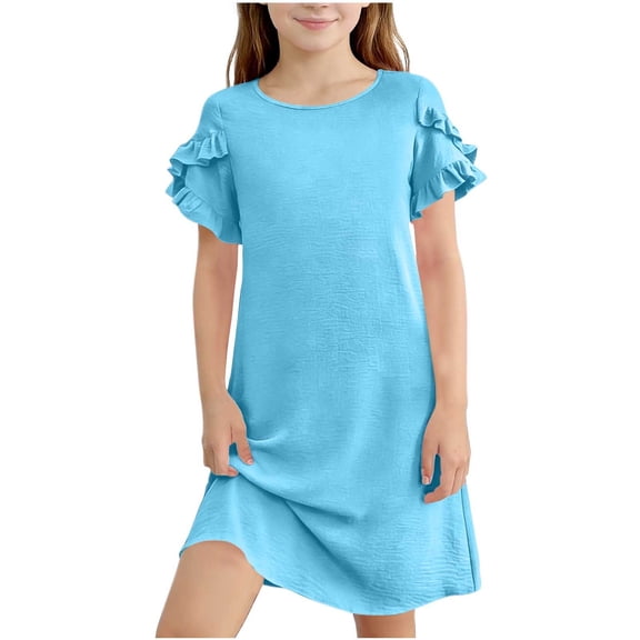Xdegoge Loose Fit Dress for Girls, Round Neck, Ruffled Cap Sleeves, Asymmetrical Hem, Comfortable Cotton Casual Summer Wear