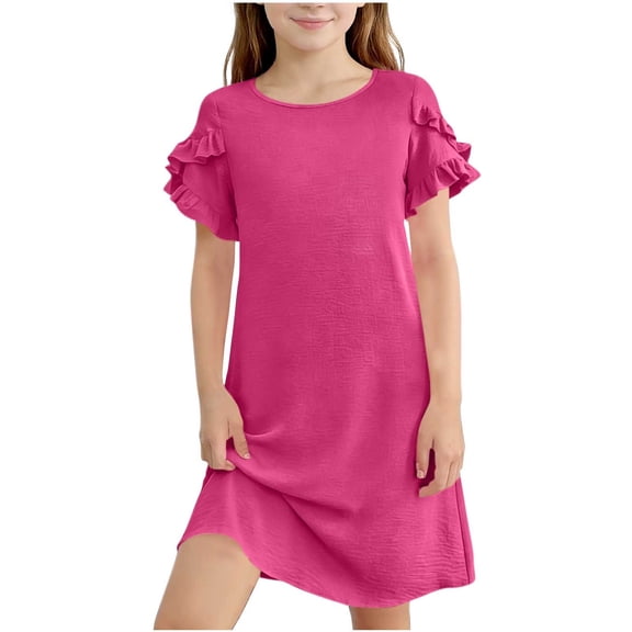 Xdegoge Loose Fit Dress for Girls, Round Neck, Ruffled Cap Sleeves, Asymmetrical Hem, Comfortable Cotton Casual Summer Wear