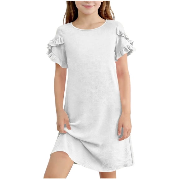 Xdegoge Loose Fit Dress for Girls, Round Neck, Ruffled Cap Sleeves, Asymmetrical Hem, Comfortable Cotton Casual Summer Wear