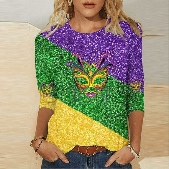Xdegoge Mardi Gras Shirts for Women Plus Size 3/4 Sleeve Crew Neck Sequin Tops Carnival Party Mask Sparkly Pullover Blouses Colorful Celebration Funny Outfits