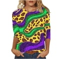 thumbnail image 1 of Xdegoge Mardi Gras Shirts for Women Glitter Print Green Purple 3/4 Sleeve Loose Fit Crew Neck T-Shirt Carnival Party Top, 1 of 6