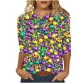 thumbnail image 1 of Xdegoge Mardi Gras Shirts for Women Glitter Print Green Purple 3/4 Sleeve Loose Fit Crew Neck T-Shirt Carnival Party Top, 1 of 6
