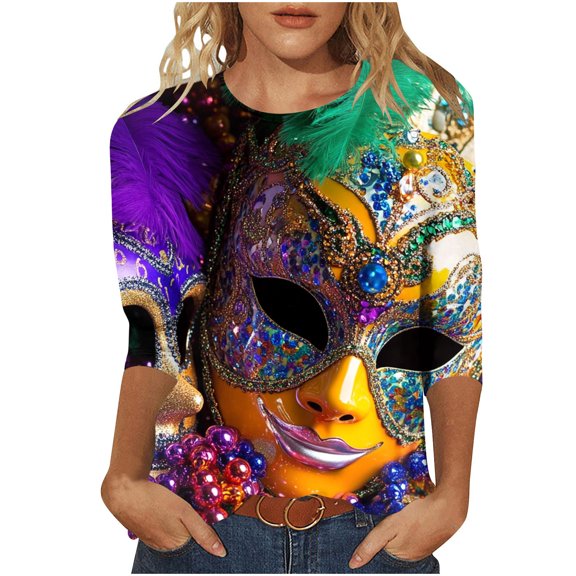 Xdegoge Mardi Gras Shirts for Women Masquerade Mask Floral Print 3/4 Sleeve Loose Fit Crew Neck Blouse