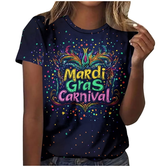 Xdegoge Mardi Gras Shirts for Women Short Sleeve Colorful Feathers Mask Print Loose Fit Crew Neck Tops Funny Summer Graphic Tees