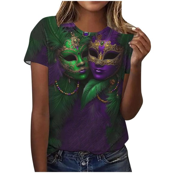 Xdegoge Mardi Gras Shirts for Women Short Sleeve Mask Print Crew Neck Tops Summer Holiday Party Graphic Tees