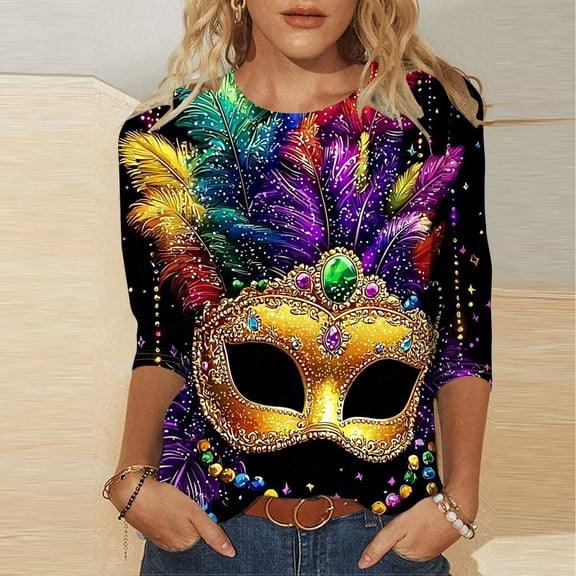 Xdegoge Mardi Gras Tops for Women Mask Graphic Glitter 3/4 Sleeve Pullover Shirts Round Neck Trendy Carnival Party Blouses Festival Celebration Costumes