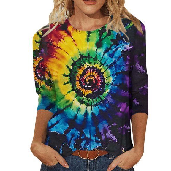 Xdegoge Mardi Gras Tops for Women 3/4 Sleeve Crewneck Blouses Colors Loose Fit T-Shirt