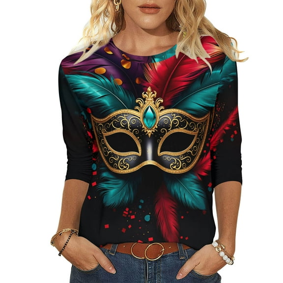 Xdegoge Mardi Gras Tops for Women 3/4 Sleeve Elegant Masquerade Mask Print Crew Neck Blouse Dressy Casual Holiday Party Shirts