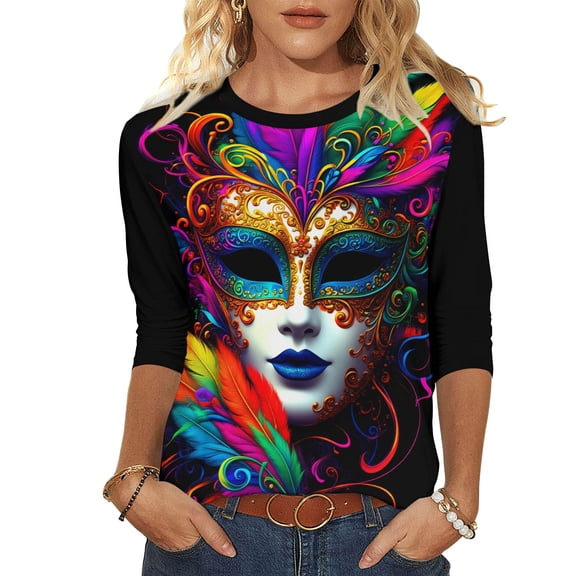 Xdegoge Mardi Gras Tops for Women 3/4 Sleeve Elegant Masquerade Mask Print Crew Neck Blouse Dressy Casual Holiday Party Shirts