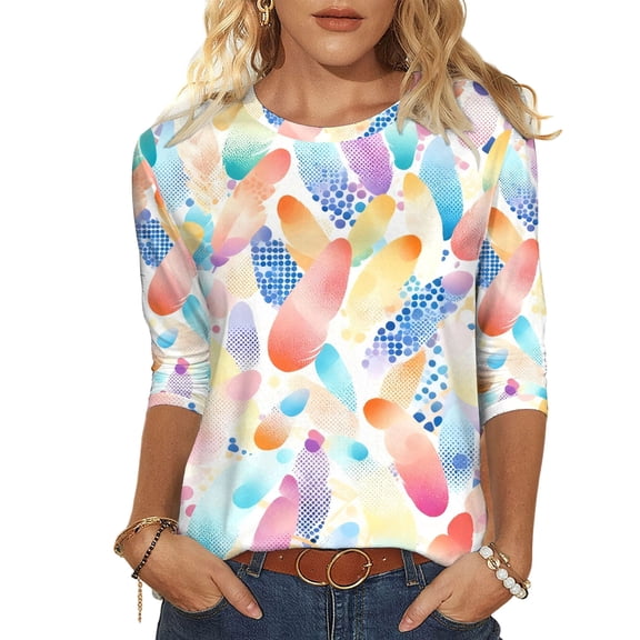 Xdegoge Mardi Gras Tops for Women 3/4 Sleeve Mask Print Crew Neck Casual Shirts Casual Loose Fit Blouses Going Out Outfits