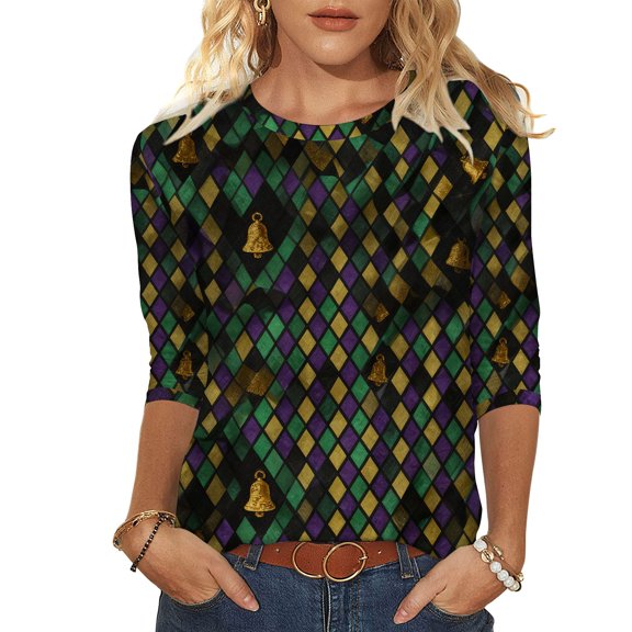 Xdegoge Mardi Gras Tops for Women 3/4 Sleeve Masks Feathers Graphic Crew Neck Blouse Funny Casual Tunic Shirts