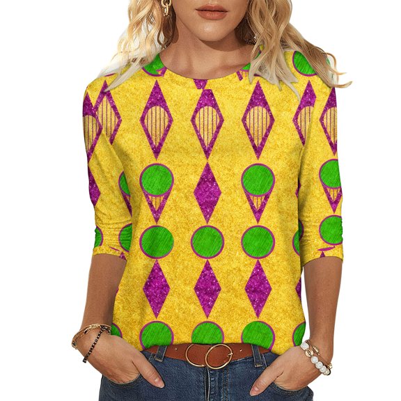 Xdegoge Mardi Gras Tops for Women 3/4 Sleeve Masks Feathers Graphic Crew Neck Blouse Funny Casual Tunic Shirts