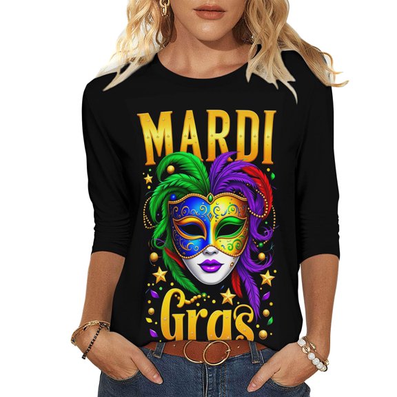 Xdegoge Mardi Gras Tops for Women 3/4 Sleeve Masquerade Mask Feathers Print Crew Neck Shirt