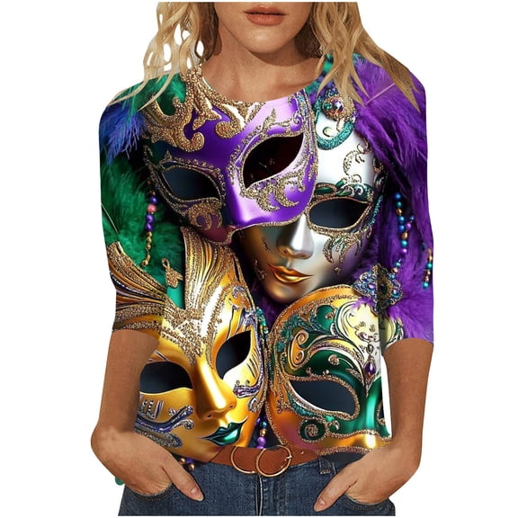 Xdegoge Mardi Gras Tops for Women Stripe Print 3/4 Sleeve Loose Fit Crew Neck T-Shirt