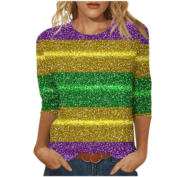 Xdegoge Mardi Gras Tops for Women Stripe Print 3/4 Sleeve Loose Fit Crew Neck T-Shirt