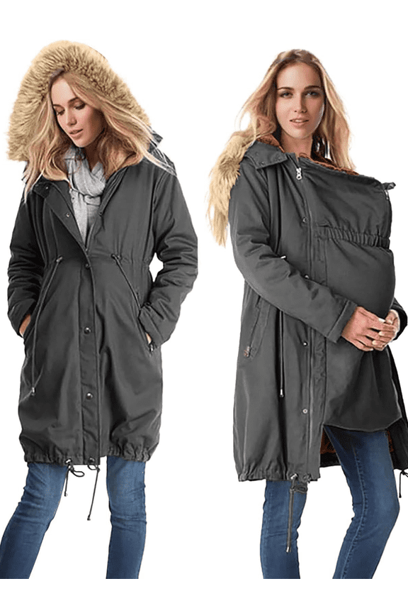 Maternity Winter Coat Fleece Lined Baby Wearing Jackets Women Baby Carrier Jacket for Mom Extender Pregnancy Clothes Knee Length Cold Weather Long Coats with Pockets Outerwear