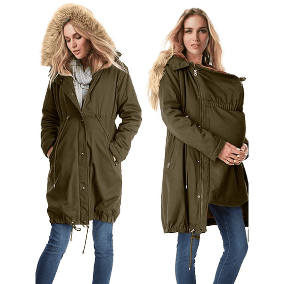 Xdegoge Maternity Winter Coat Fleece Lined Baby Wearing Jackets Women Baby Carrier Jacket for Mom Extender Pregnancy Clothes Knee Length Cold Weather Long Coats with Pockets Outerwear