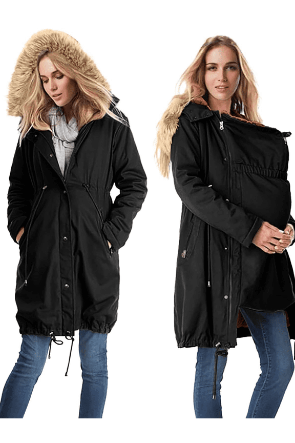 Maternity Winter Coat Fleece Lined Baby Wearing Jackets Women Baby Carrier Jacket for Mom Extender Pregnancy Clothes Knee Length Cold Weather Long Coats with Pockets Outerwear
