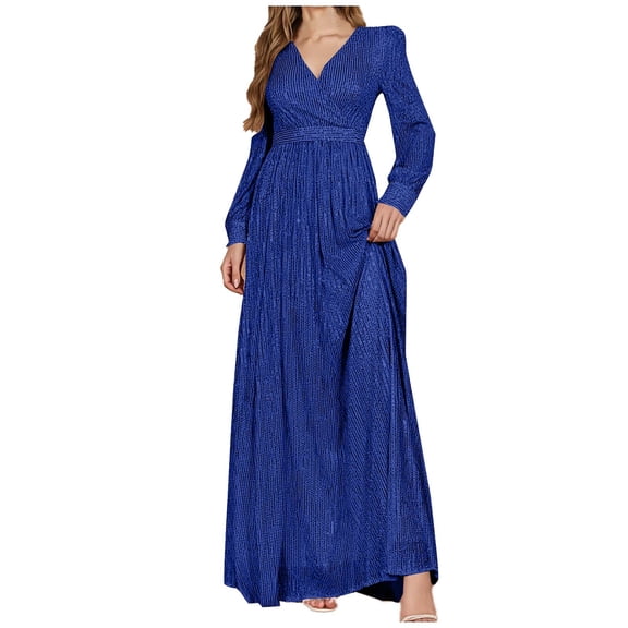 Xdegoge Maxi Dress for Women, Long Sleeve V Neck Wrap Dresses with Striped Pattern, Elegant Floor Length Sundress Formal Events Or Wedding Guest