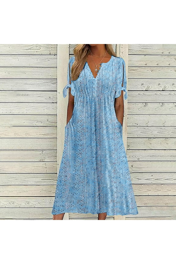Maxi Dresses for Women 2025 Trendy Short Sleeve V Neck Eyelet Tshirt Dress Casual Summer Beach Vacation Sundress Flowy Floral Boho Ladies Dresses with Pockets Clarence Items All s