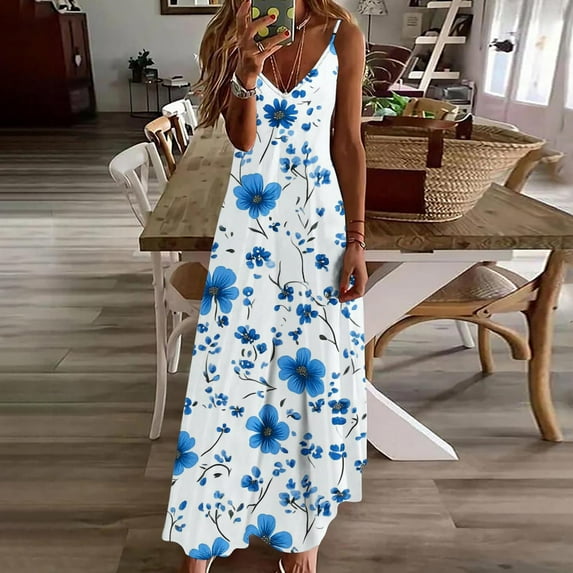Xdegoge Maxi Dresses for Women Sleeveless V Neck Spaghetti Strap Summer Dresses Floral Print Boho Vacation Beach Dress Loose Fit Casual Plus Size Flowy Sundress Items